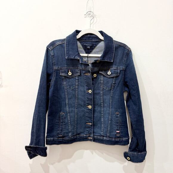NWT Tommy Hilfiger Long Sleeve Dark Wash Denim Trucker Jacket Blue Women's Small - Picture 2 of 6
